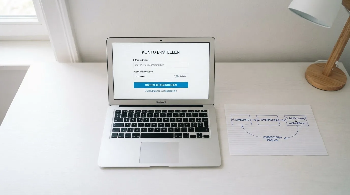 Nahaufnahme eines Laptop-Bildschirms mit einem Formular zur Kontoeroeffnung, daneben ein Blatt Papier mit einer handgezeichneten Ablaufskizze.