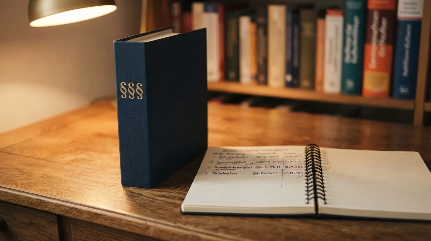 Nahaufnahme eines Aktenordners mit Paragraphenzeichen auf dem Ruecken, daneben ein aufgeklapptes Notebook mit einer Uebersichtsliste lizenzierter Anbieter.