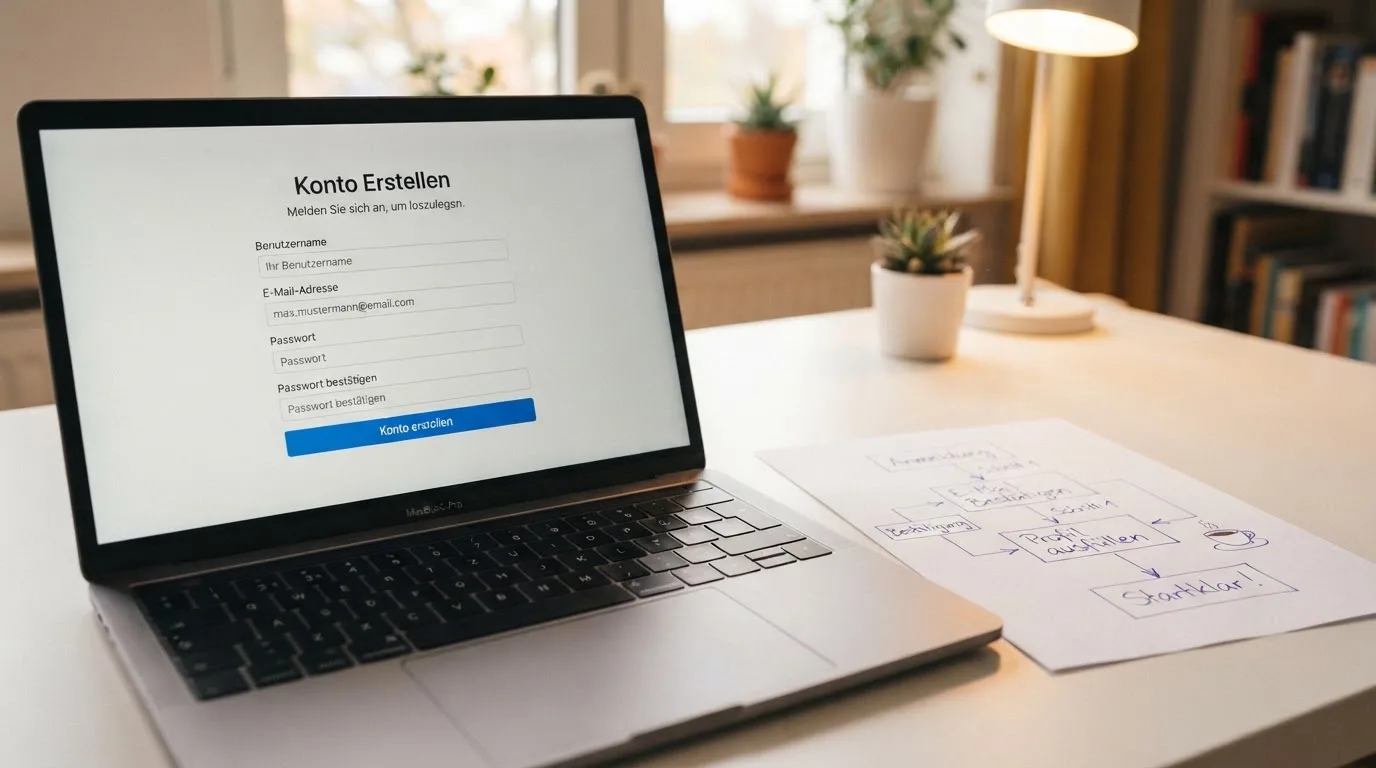Nahaufnahme eines Laptop-Bildschirms mit einem Formular zur Kontoeroeffnung, daneben ein Blatt Papier mit einer handgezeichneten Ablaufskizze.