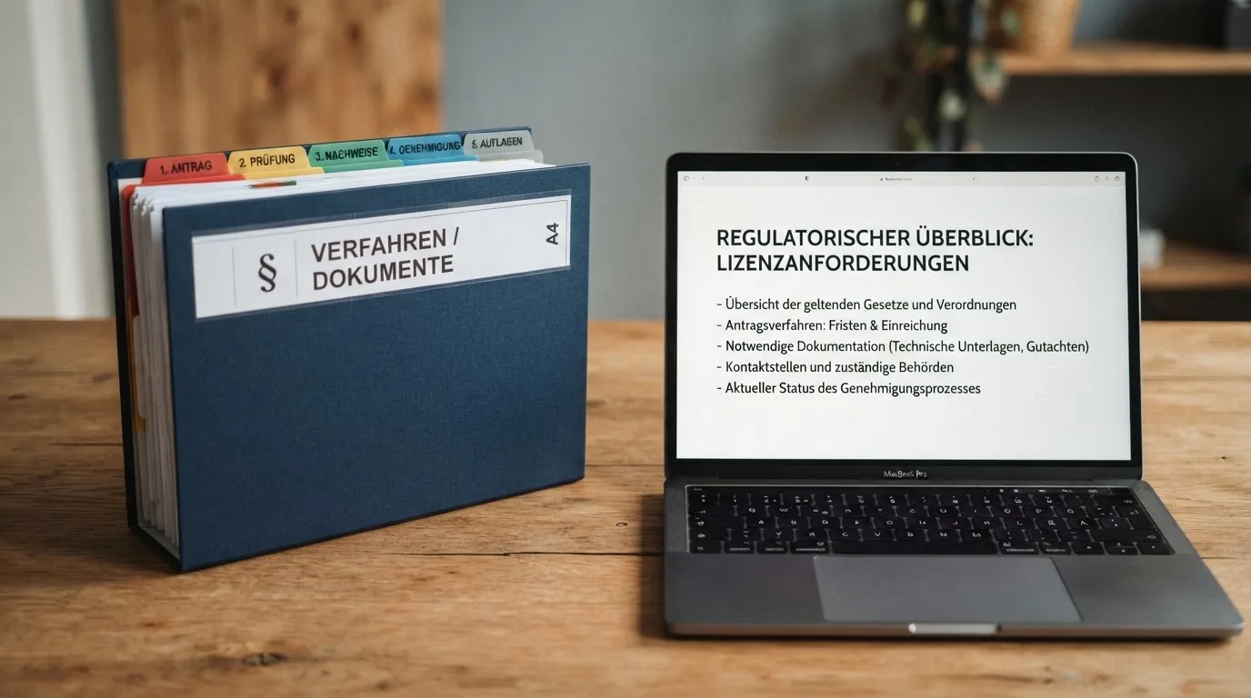Nahaufnahme eines Aktenordners mit Paragraphenzeichen auf dem Ruecken, daneben ein aufgeklapptes Notebook mit einer Uebersichtsliste lizenzierter Anbieter.