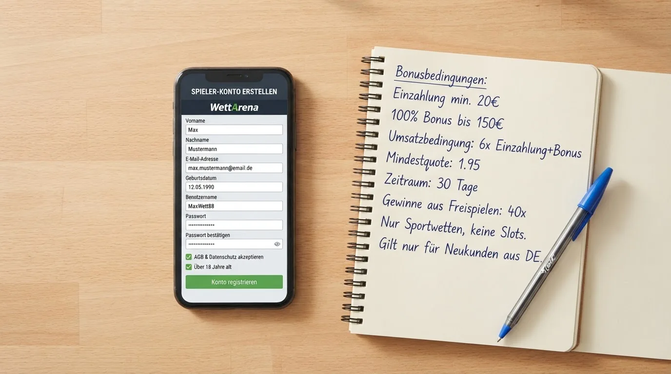 Draufsicht auf ein Smartphone mit einer geoeffneten Registrierungsmaske fuer ein Spielerkonto, daneben ein Notizblock mit handschriftlichen Bonusbedingungen.