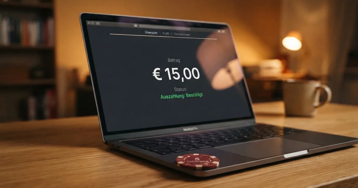 Nahaufnahme eines Laptop-Bildschirms mit einer Kontouebersicht, auf der ein Guthabenbetrag in Euro und ein Auszahlungsstatus zu sehen sind.