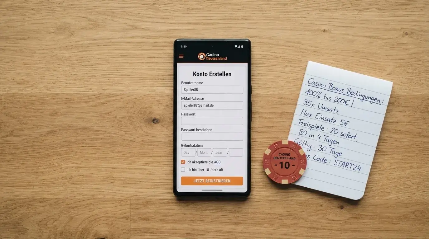 Draufsicht auf ein Smartphone mit einer geoeffneten Registrierungsmaske fuer ein Spielerkonto, daneben ein Notizblock mit handschriftlichen Bonusbedingungen.