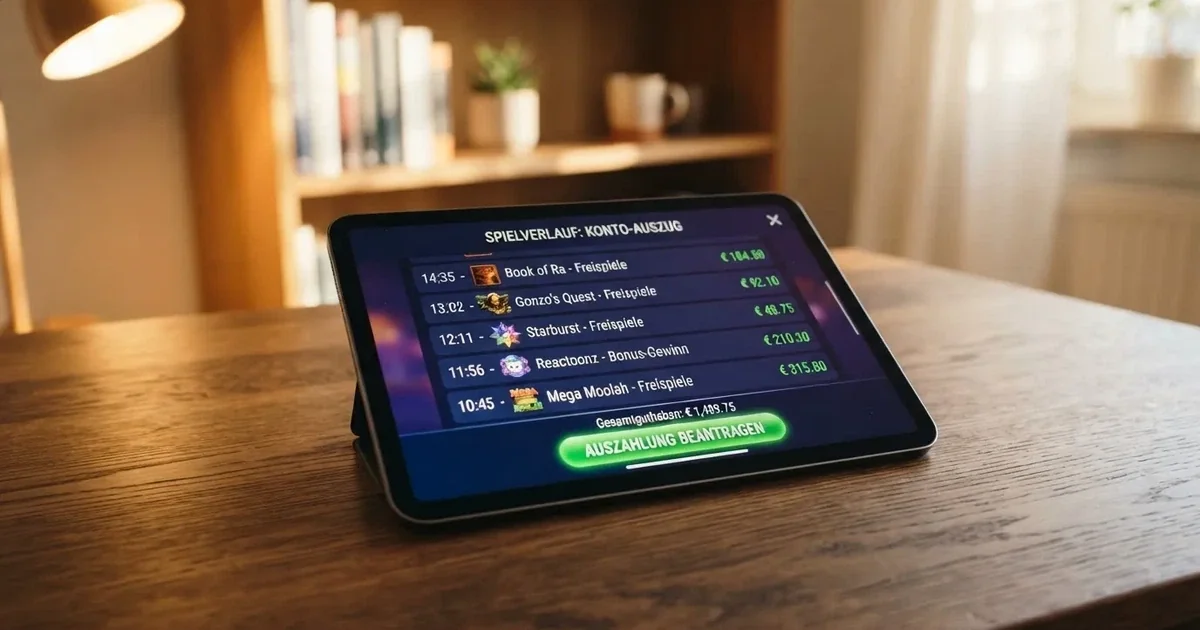 Nahaufnahme eines Tablet-Bildschirms mit einer Spielhistorie, in der einzelne Freispiel-Gewinne und ein Auszahlungsbutton aufgelistet sind.