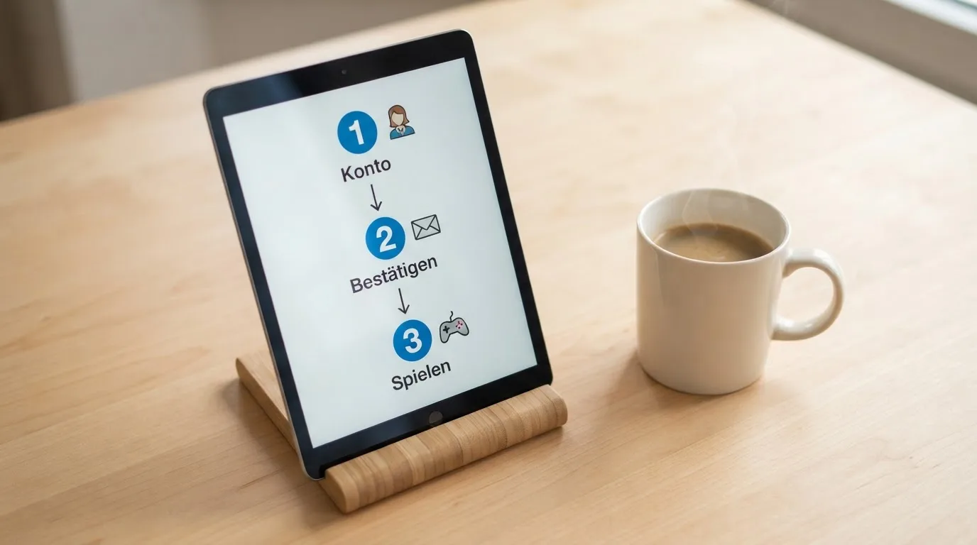 Schreibtisch mit einem Tablet, auf dem ein Schema mit nummerierten Schritten eines Anmeldevorgangs zu sehen ist, daneben ein Kaffeebecher.
