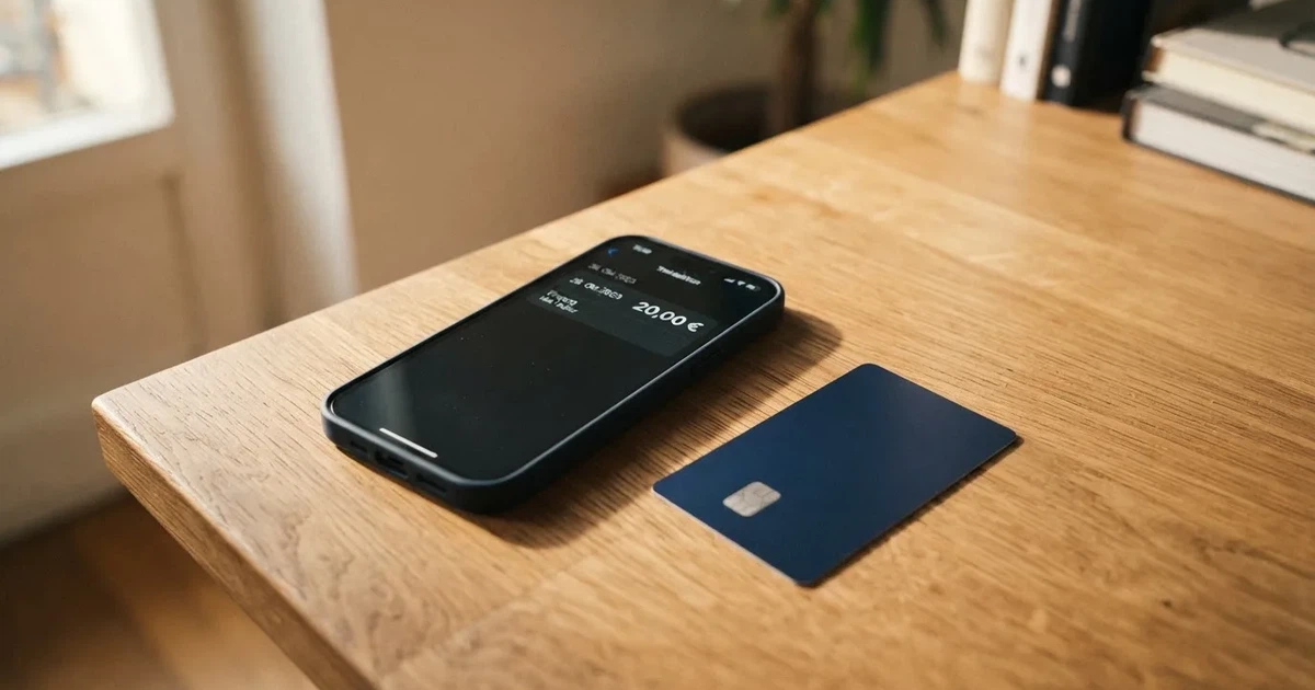 Schreibtisch mit einem Smartphone, auf dessen Bildschirm eine Kontobewegung mit Datum und Betrag in Euro angezeigt wird, daneben eine Bankkarte.