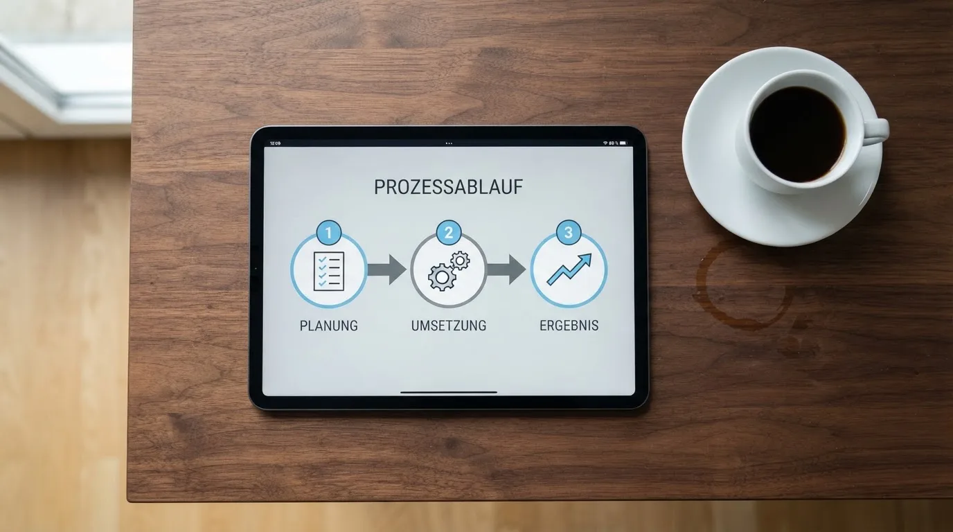 Schreibtisch mit einem Tablet, auf dem ein Schema mit nummerierten Schritten eines Anmeldevorgangs zu sehen ist, daneben ein Kaffeebecher.