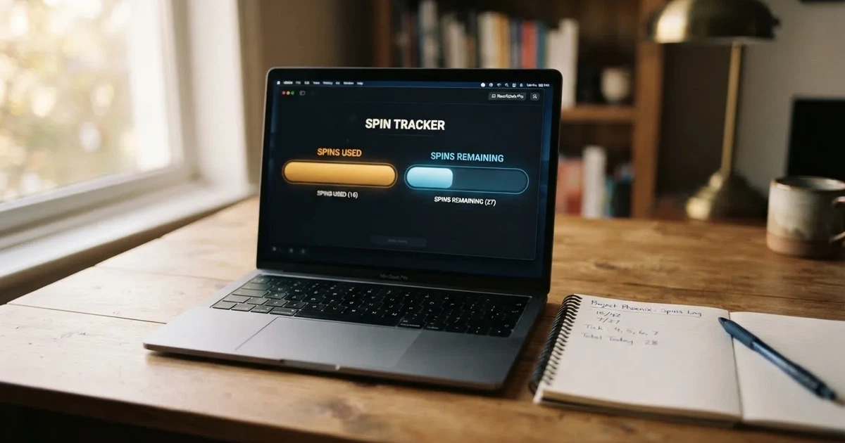 Nahaufnahme eines Laptop-Bildschirms mit einer Statistik ueber genutzte und verbleibende Freispiele, daneben ein Notizblock mit Zahlen.
