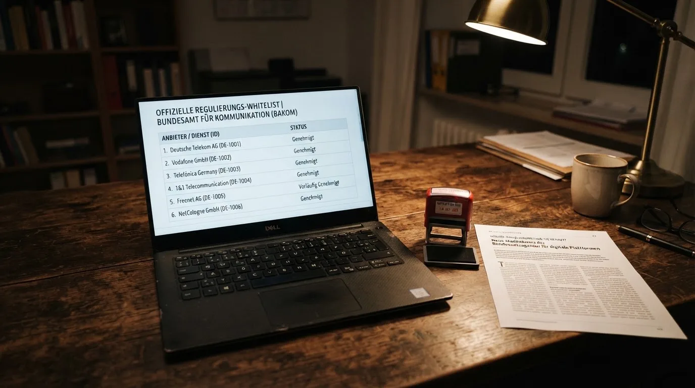 Schreibtisch mit einem gedruckten Amtsdokument, einem Stempel und einem Bildschirm, auf dem eine offizielle Whitelist-Tabelle angezeigt wird.