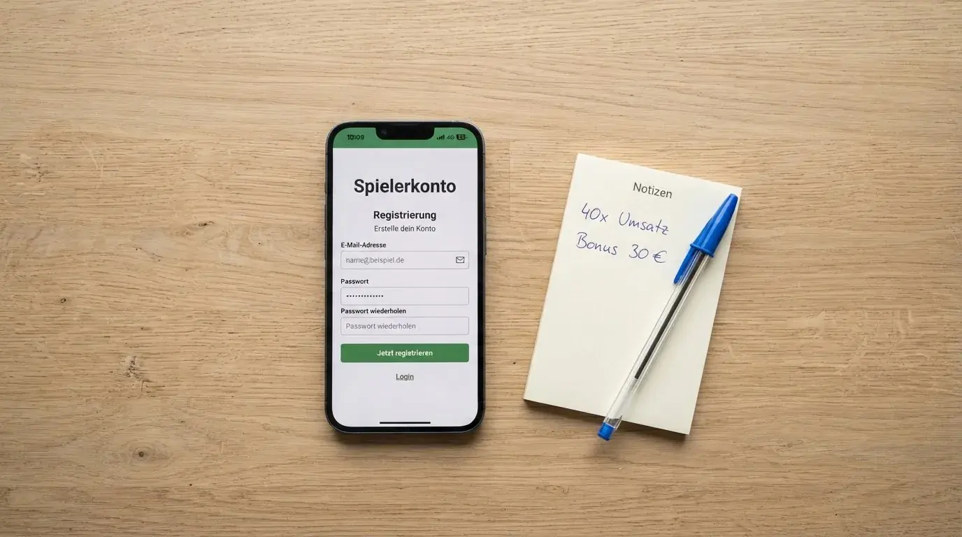 Draufsicht auf ein Smartphone mit einer geoeffneten Registrierungsmaske fuer ein Spielerkonto, daneben ein Notizblock mit handschriftlichen Bonusbedingungen.