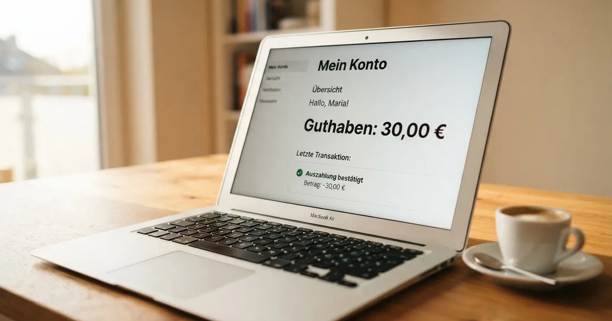 Nahaufnahme eines Laptop-Bildschirms mit einer Kontouebersicht, auf der ein Guthabenbetrag in Euro und ein Auszahlungsstatus zu sehen sind.