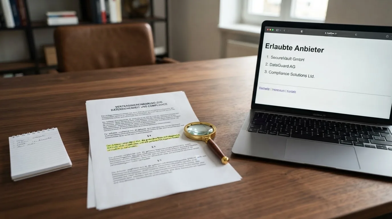 Schreibtisch mit einem ausgedruckten Gesetzestext, einer Lupe und einem Laptop, auf dessen Bildschirm eine Behoerdenwebsite mit einer Liste erlaubter Anbieter zu sehen ist.