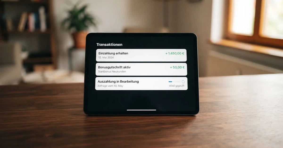 Nahaufnahme eines Tablet-Bildschirms mit einer Transaktionsliste, in der Einzahlung, Bonusgutschrift und Auszahlungsstatus untereinander aufgefuehrt sind.
