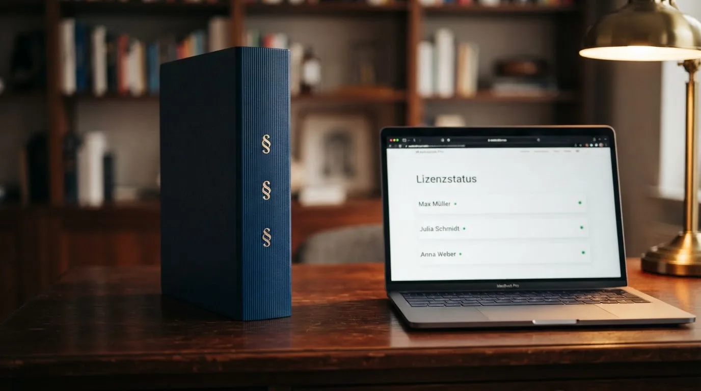 Nahaufnahme eines Aktenordners mit Paragraphenzeichen auf dem Ruecken, daneben ein aufgeklapptes Notebook mit einer Uebersichtsliste lizenzierter Anbieter.