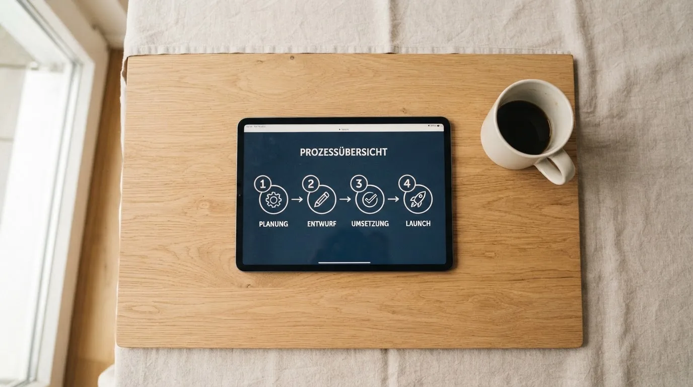 Schreibtisch mit einem Tablet, auf dem ein Schema mit nummerierten Schritten eines Anmeldevorgangs zu sehen ist, daneben ein Kaffeebecher.
