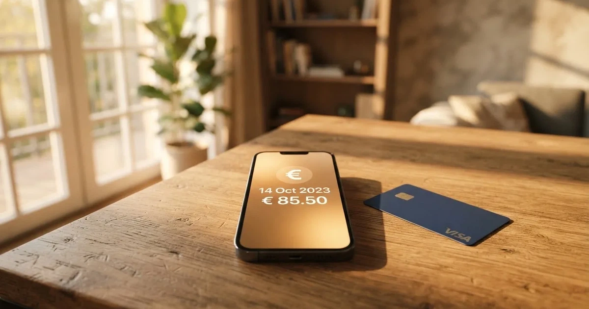 Schreibtisch mit einem Smartphone, auf dessen Bildschirm eine Kontobewegung mit Datum und Betrag in Euro angezeigt wird, daneben eine Bankkarte.