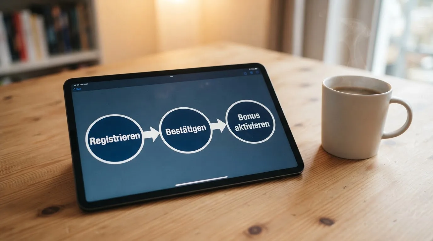 Schreibtisch mit einem Tablet, auf dem ein Schema mit nummerierten Schritten eines Anmeldevorgangs zu sehen ist, daneben ein Kaffeebecher.