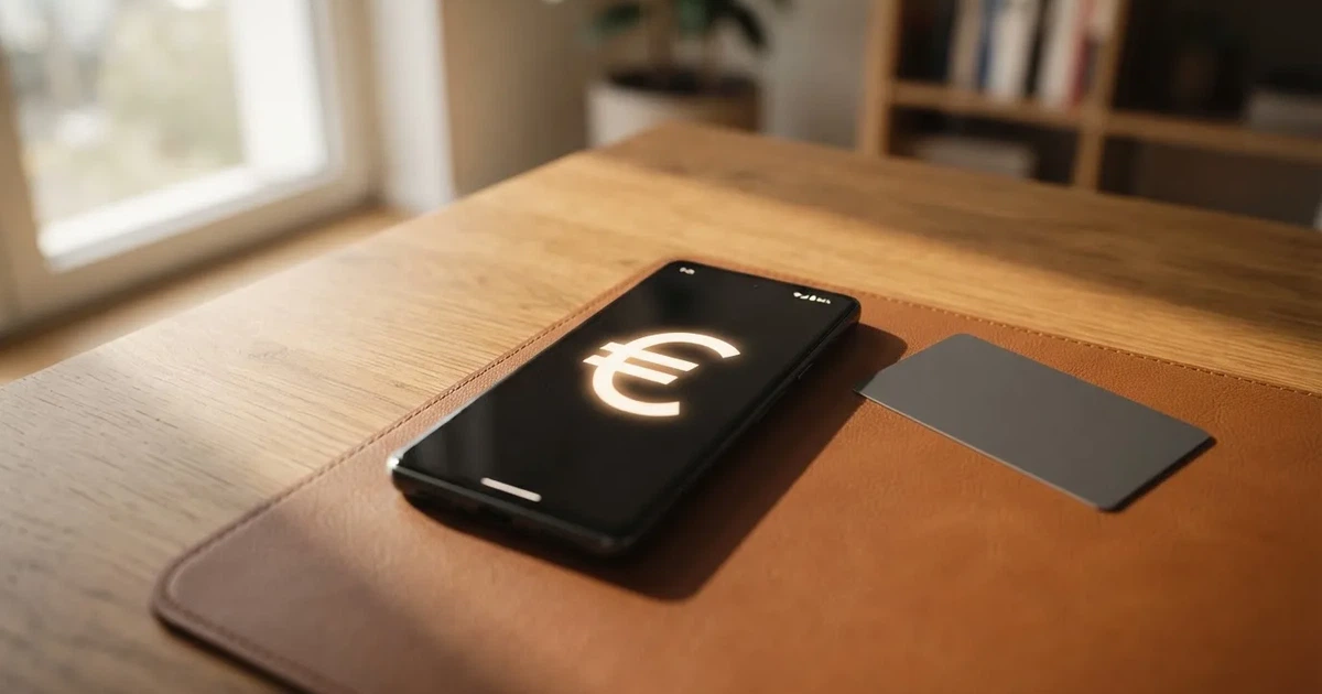 Schreibtisch mit einem Smartphone, auf dessen Bildschirm eine Kontobewegung mit Datum und Betrag in Euro angezeigt wird, daneben eine Bankkarte.