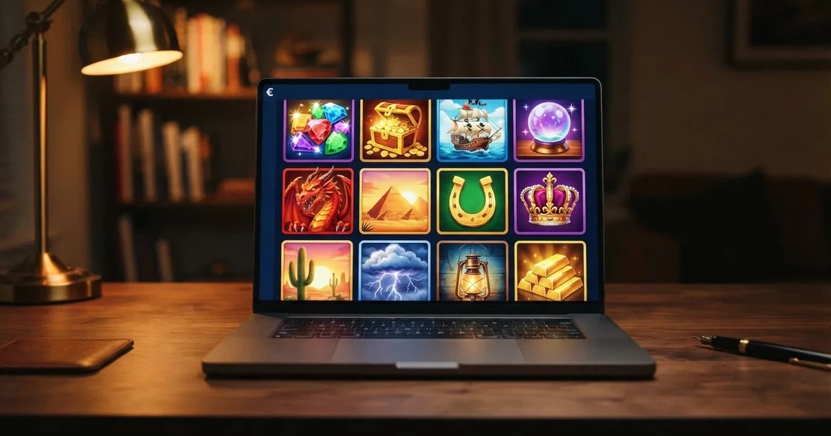 Bildschirm mit einer Rasteransicht mehrerer Automatenspiel-Kacheln in einem Online-Casino.
