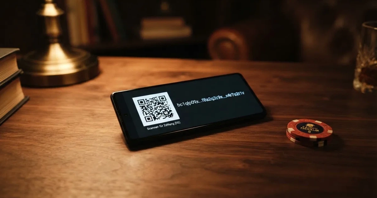 Nahaufnahme eines Smartphone-Bildschirms mit einer digitalen Wallet-Adresse und einem QR-Code.