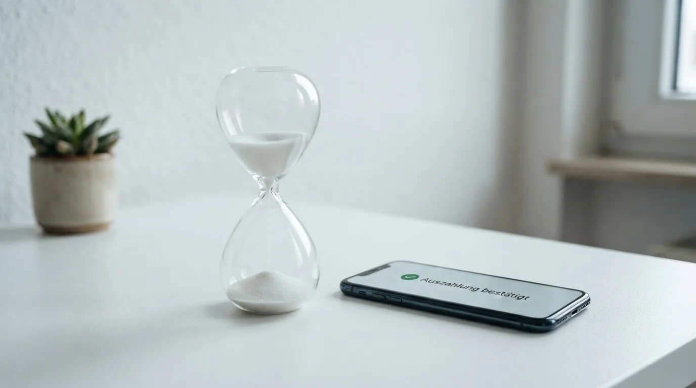 Nahaufnahme einer Sanduhr neben einem Smartphone-Bildschirm mit einer Zahlungsbestätigung.