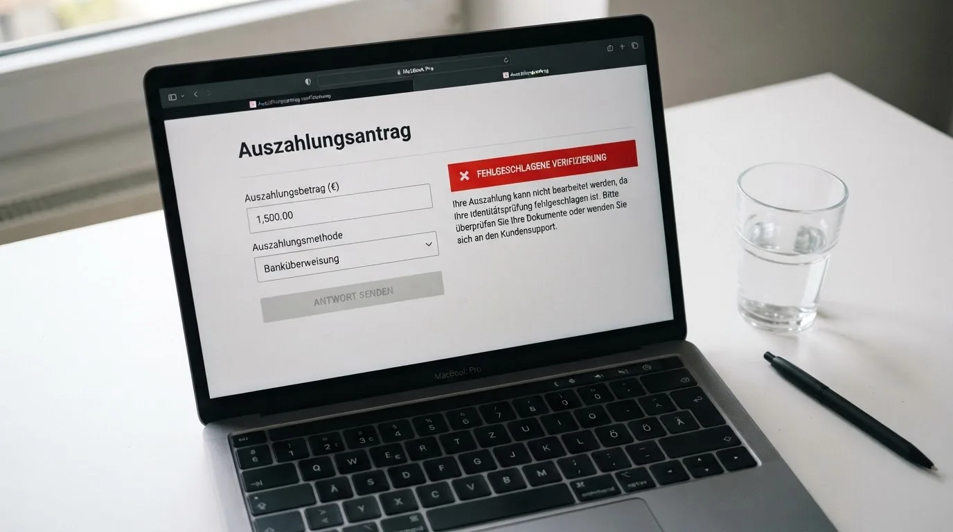 Nahaufnahme eines Bildschirms mit einer Fehlermeldung neben einem Auszahlungsformular.