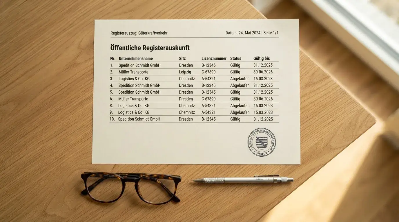 Nahaufnahme einer gedruckten Anbieterliste neben einem amtlichen Prüfsiegel.