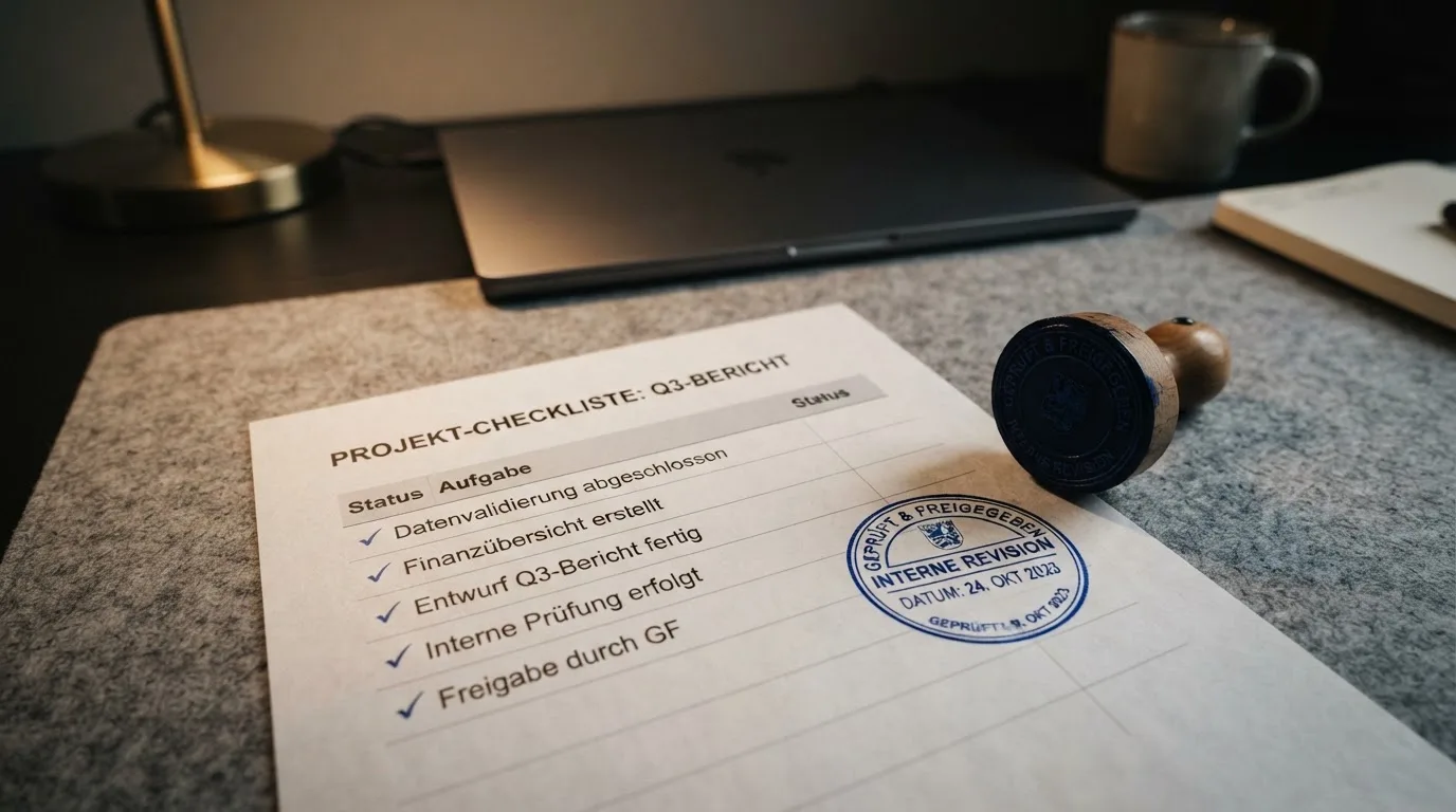 Nahaufnahme einer gedruckten Anbieterliste neben einem amtlichen Prüfsiegel.