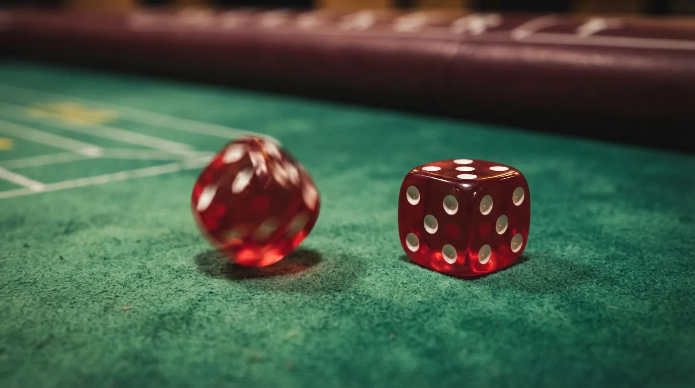 Nahaufnahme zweier rollender Würfel auf einem grünen Spieltisch.