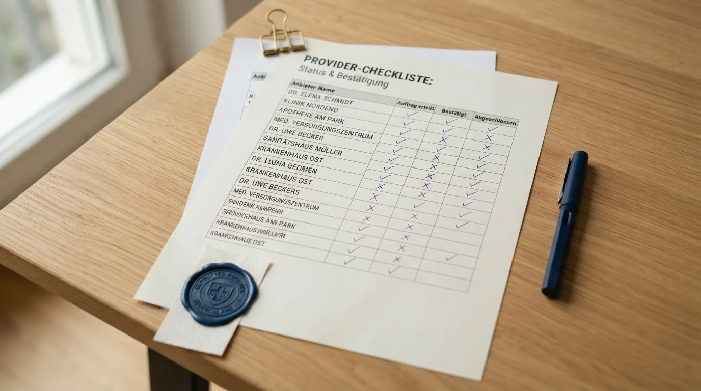 Nahaufnahme einer gedruckten Anbieterliste neben einem amtlichen Prüfsiegel.