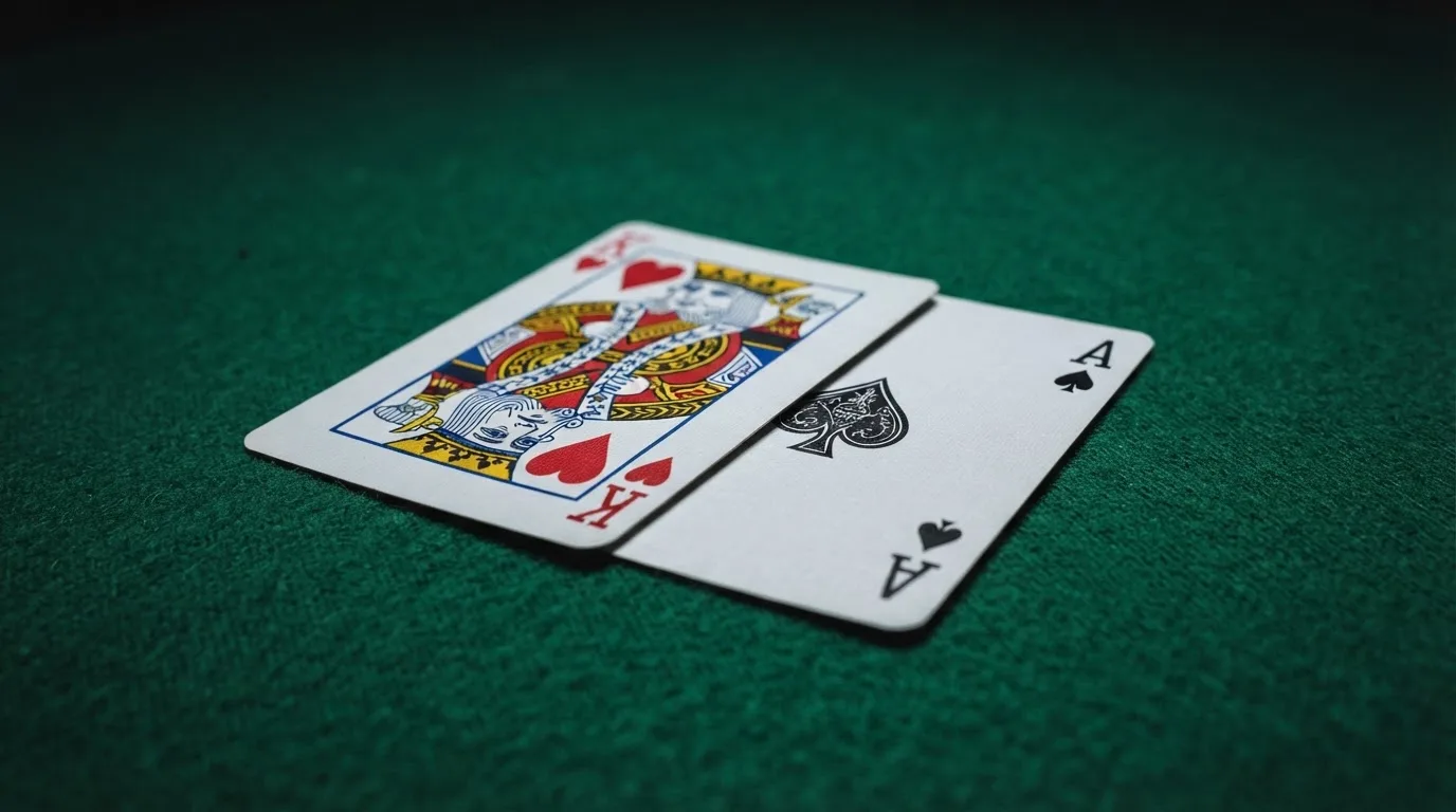 Nahaufnahme zweier aufgedeckter Spielkarten neben einem grünen Kartentisch.