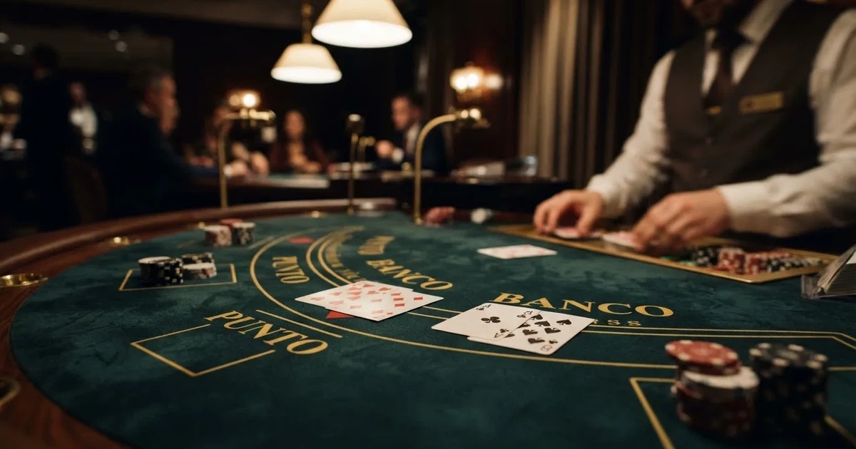 Nahaufnahme eines Baccarat-Tisches mit Spielkarten und Setzfeldern für Punto und Banco.