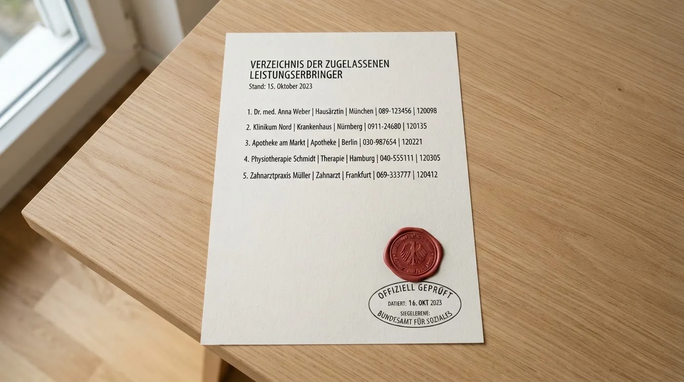 Nahaufnahme einer gedruckten Anbieterliste neben einem amtlichen Prüfsiegel.