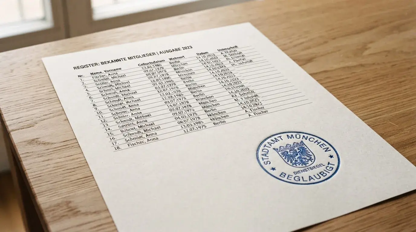 Nahaufnahme einer gedruckten Anbieterliste neben einem amtlichen Prüfsiegel.