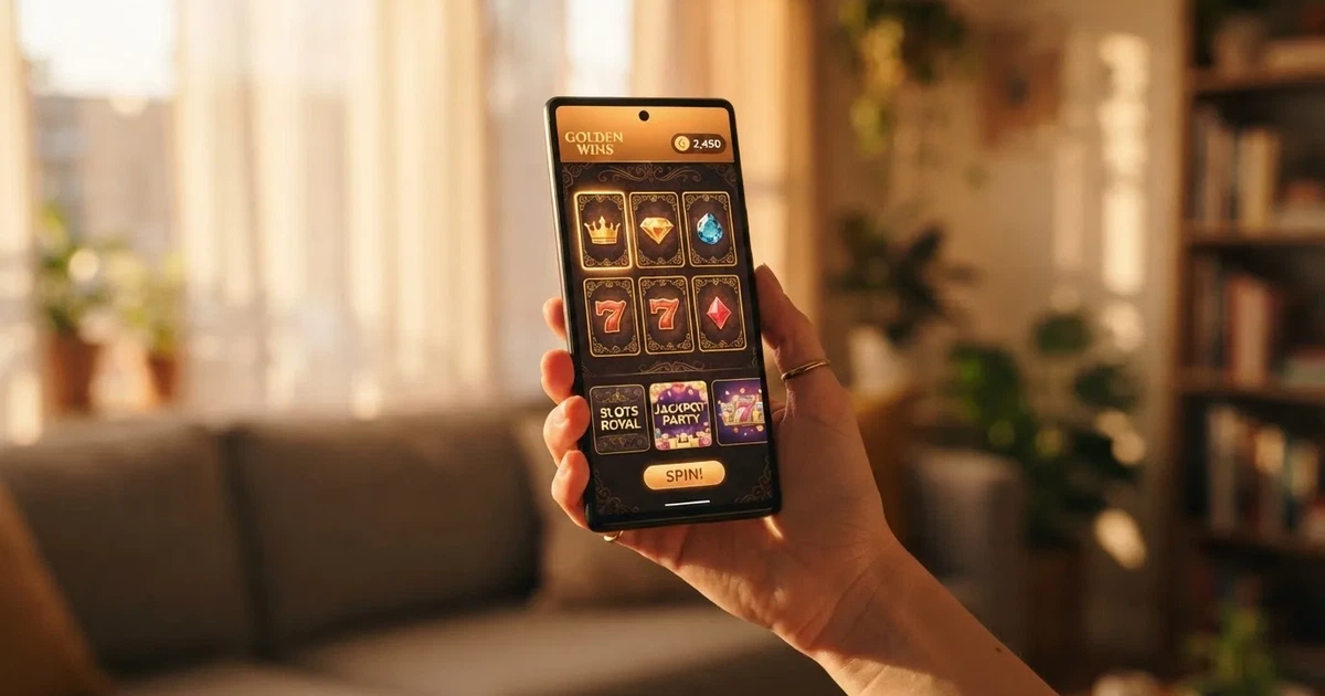 Nahaufnahme einer Hand, die ein Smartphone mit einer App-Startseite hält, im Hintergrund unscharf ein Wohnzimmer.