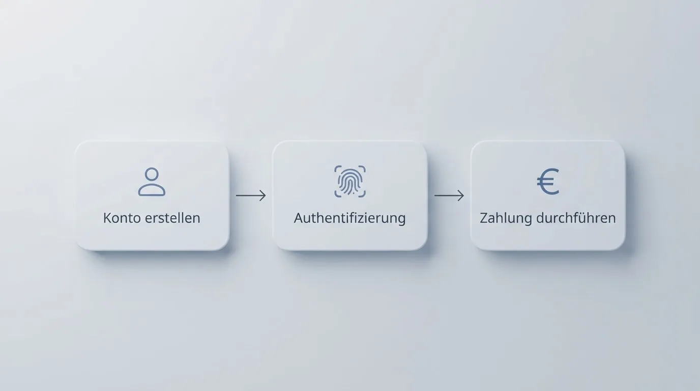 Schematische Darstellung eines Ablaufs von Kontoeröffnung über Identitätsprüfung bis zur ersten Einzahlung als einfaches Liniendiagramm.