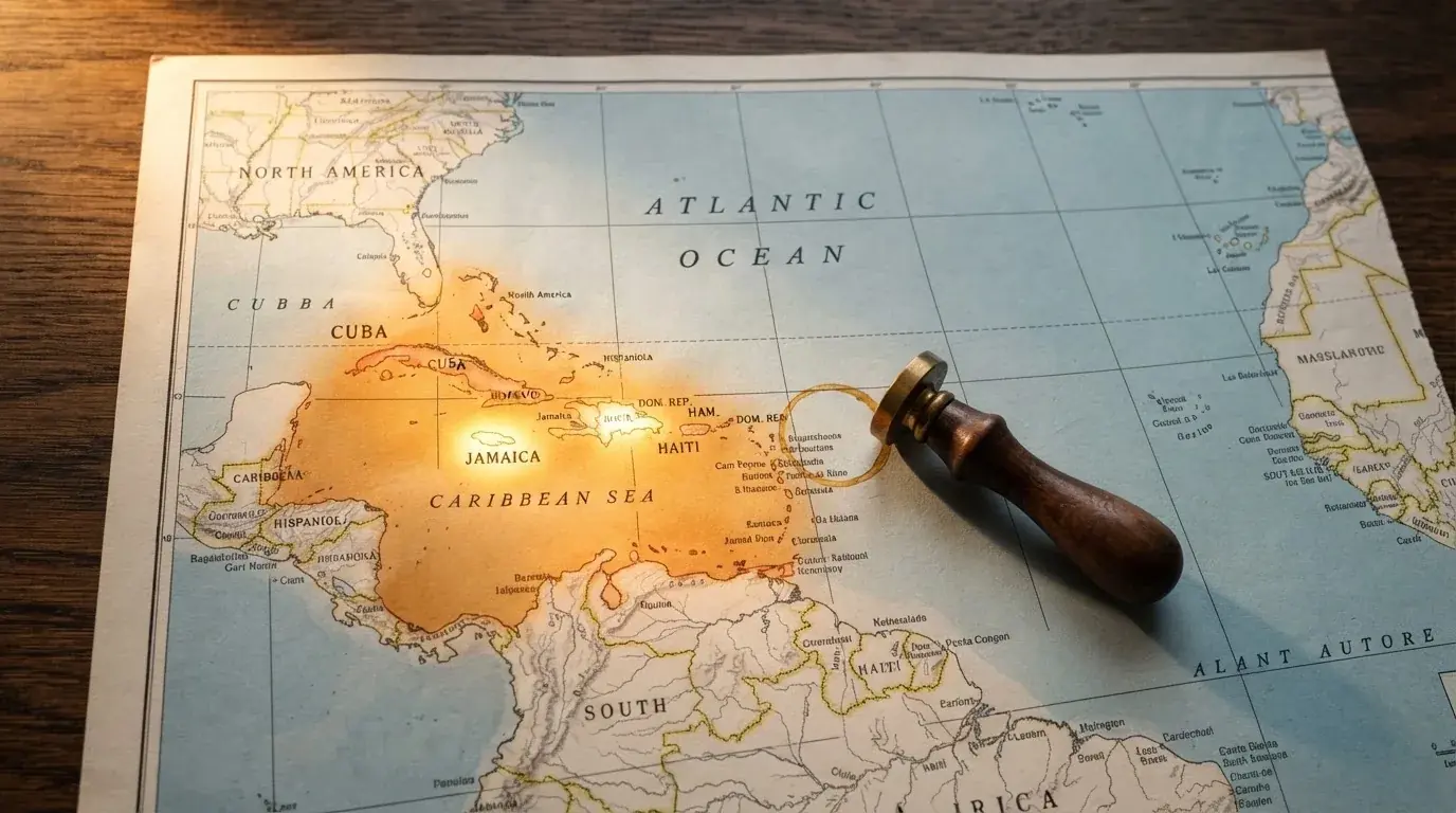 Symbolbild einer Weltkarte mit einer markierten Karibikinsel und einem daneben liegenden Stempel.