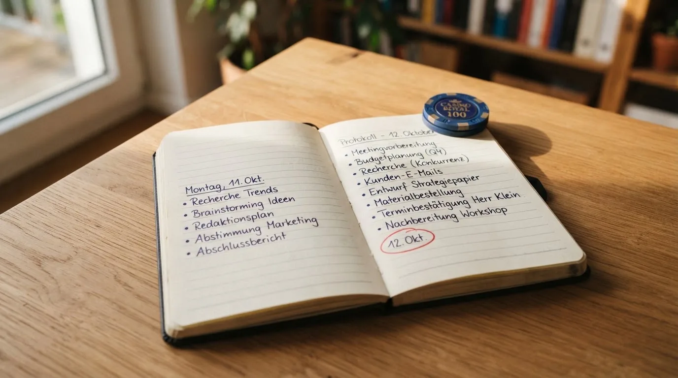 Nahaufnahme eines Kalenders mit einem markierten Datum auf einem Schreibtisch.
