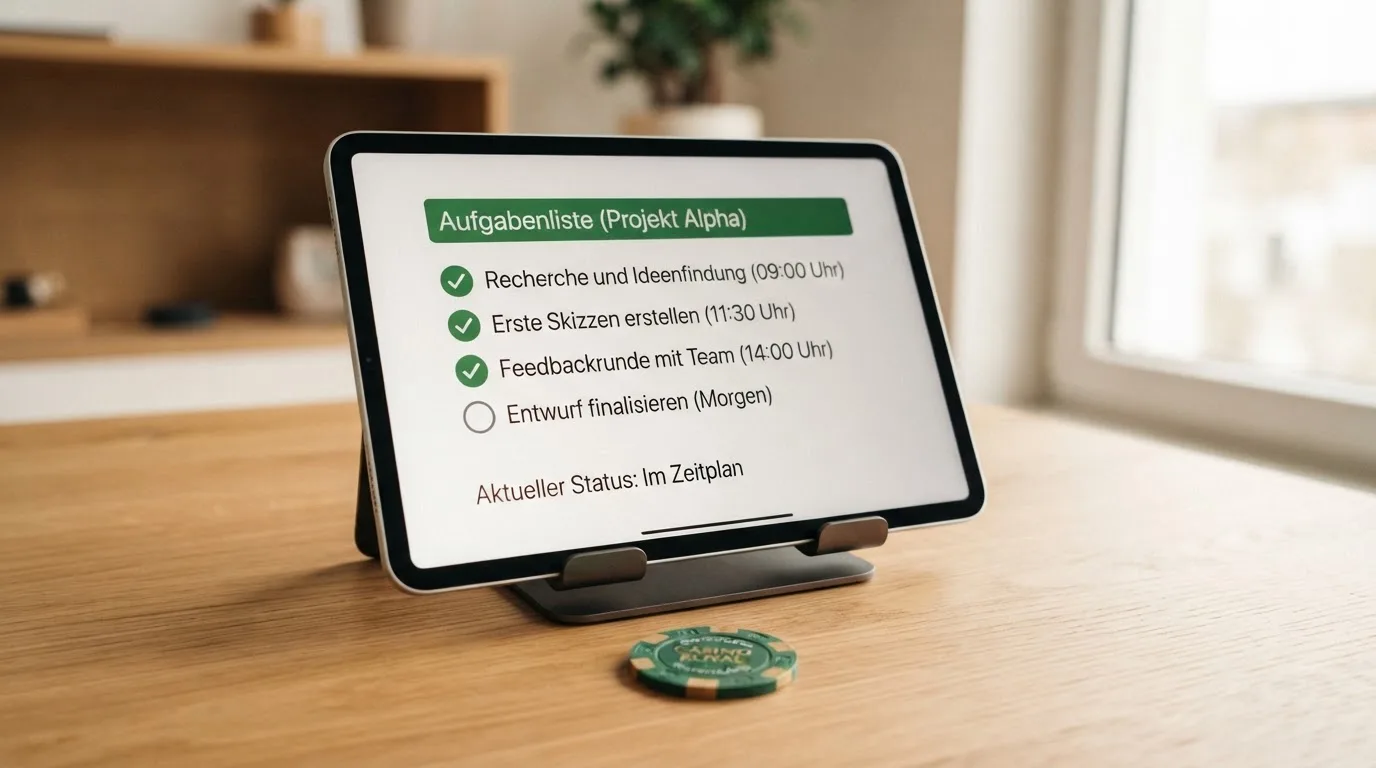 Tablet mit einer digitalen Liste und Häkchen-Symbolen auf einem Schreibtisch.