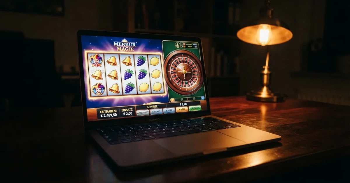 Nahaufnahme eines Bildschirms mit einer Spielübersicht in einem abgedunkelten Raum.