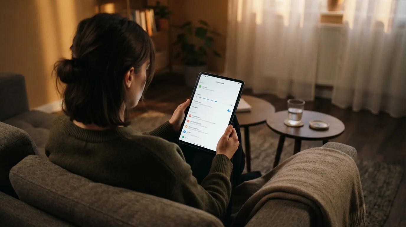 Person betrachtet nachdenklich eine App mit Einstellungsmenü auf einem Tablet in einem ruhigen Wohnzimmer.