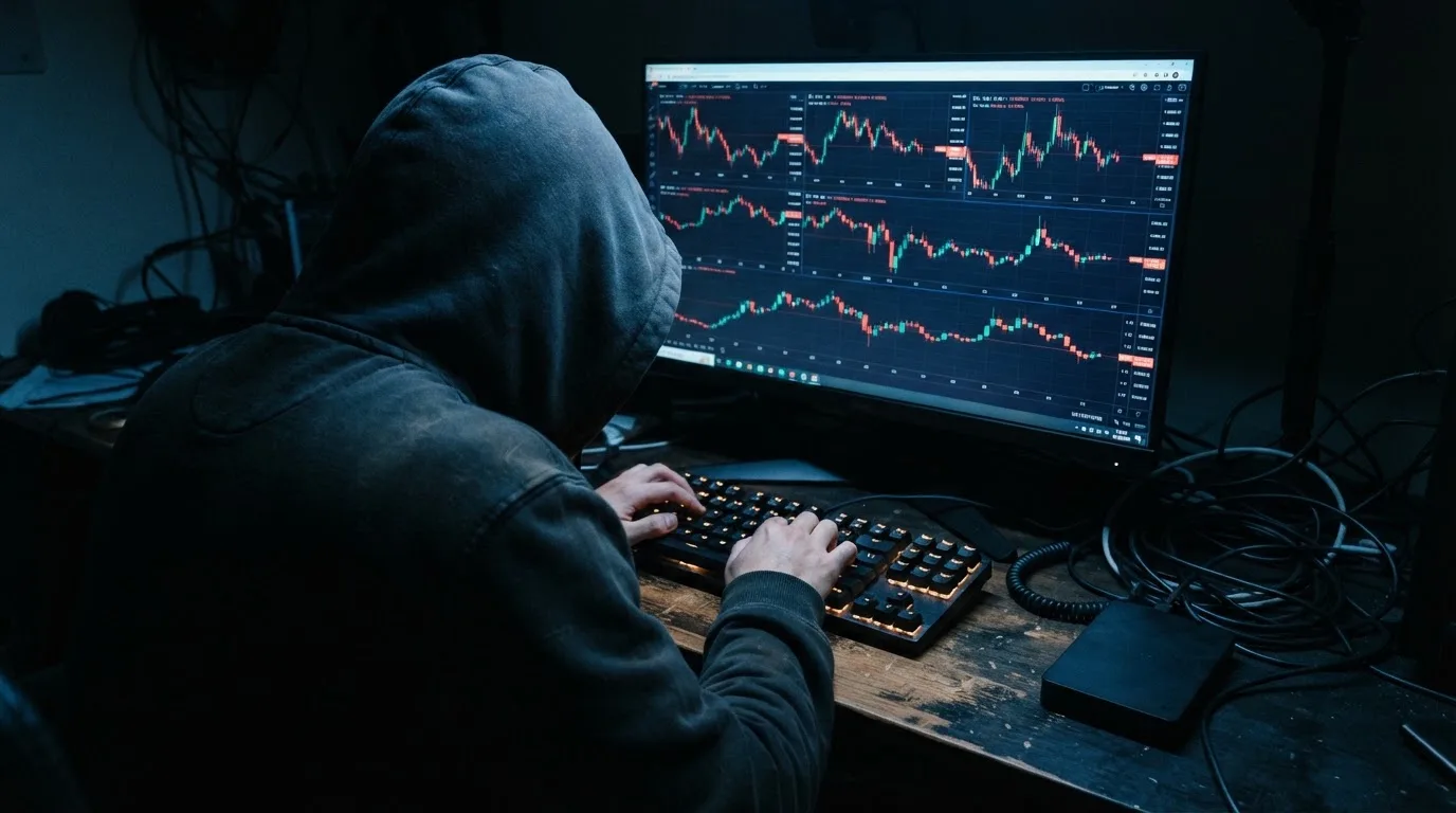 Person mit verdecktem Gesicht tippt an einer Tastatur vor mehreren Kryptowährungs-Kurscharts.