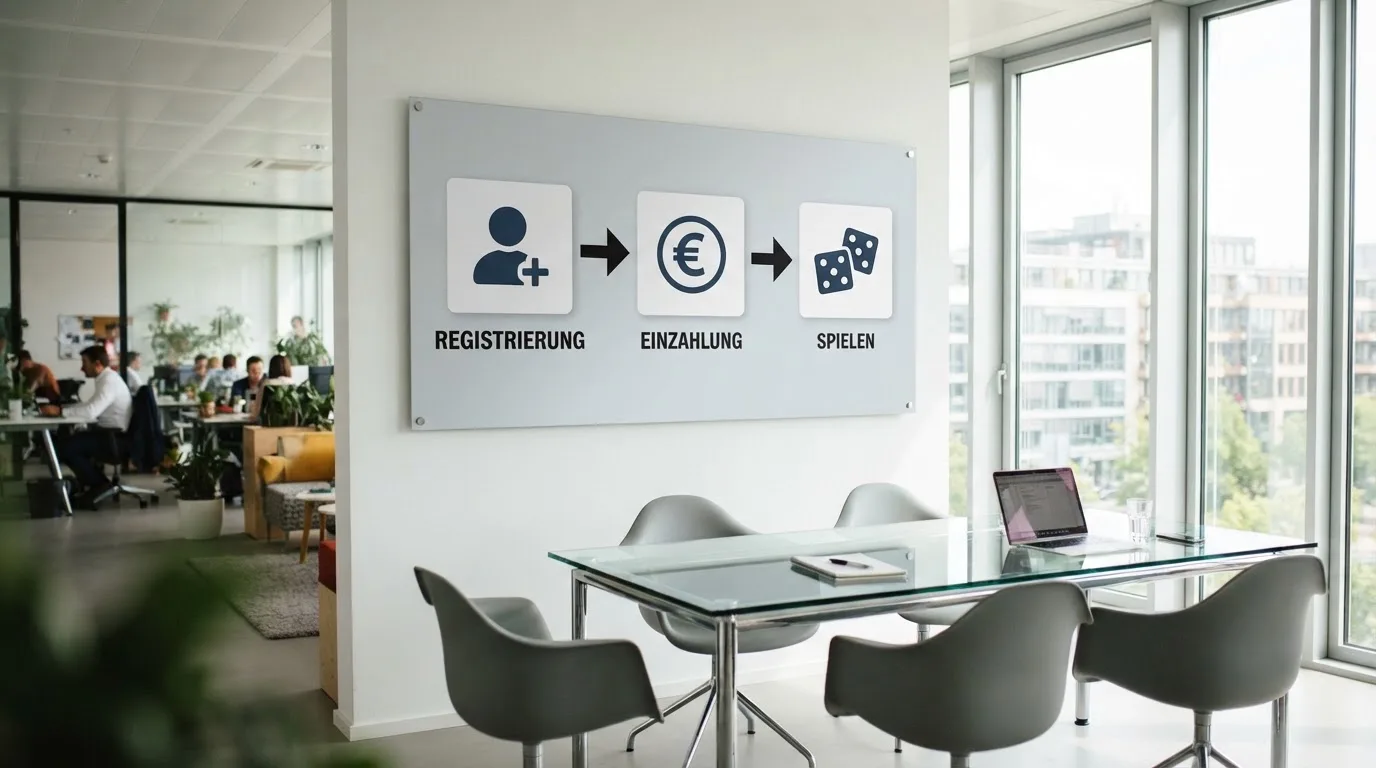 Übersichtstafel mit Symbolen für Registrierung, Einzahlung und Spiel in einem Büro.