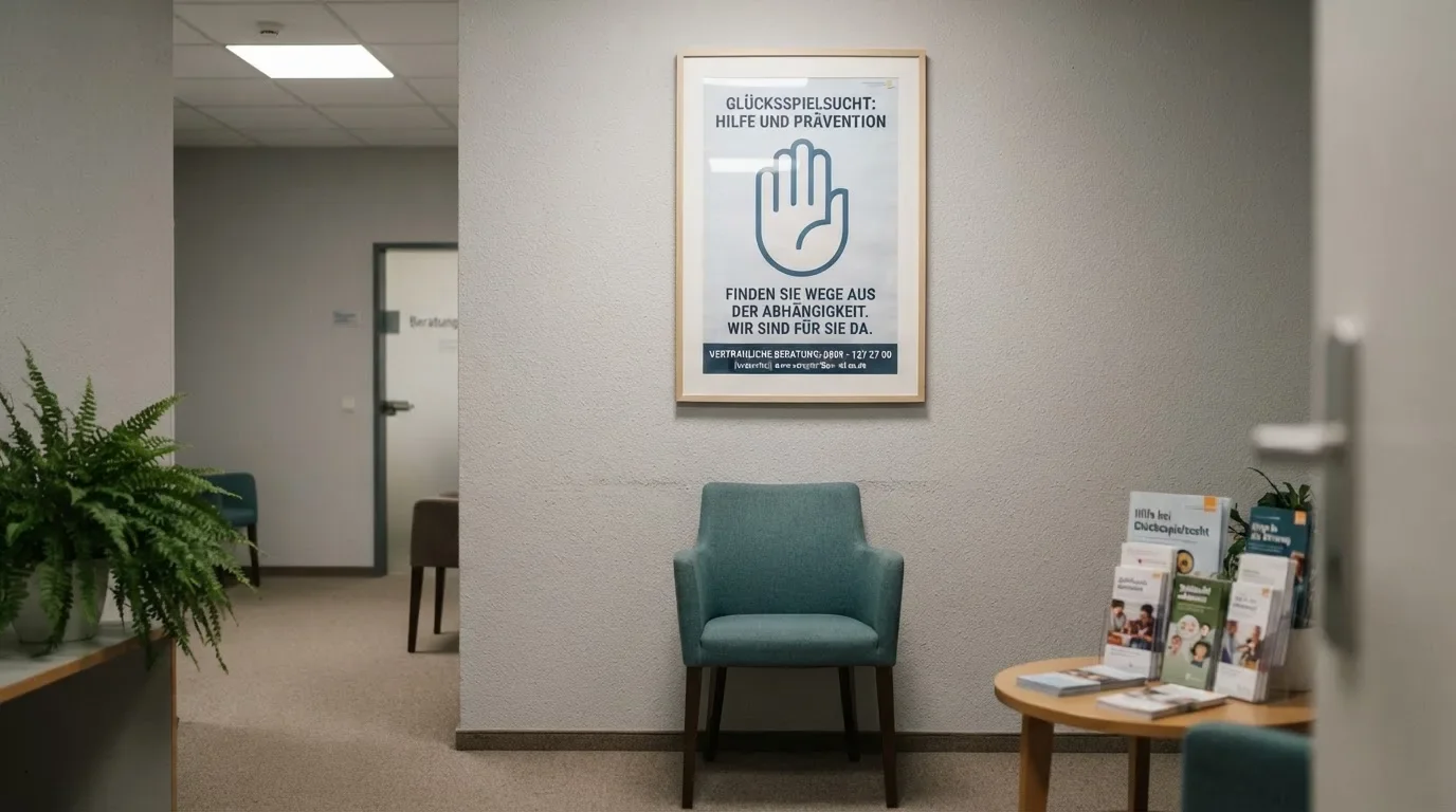 Poster einer Beratungsstelle für Spielsuchtprävention an einer Wand.
