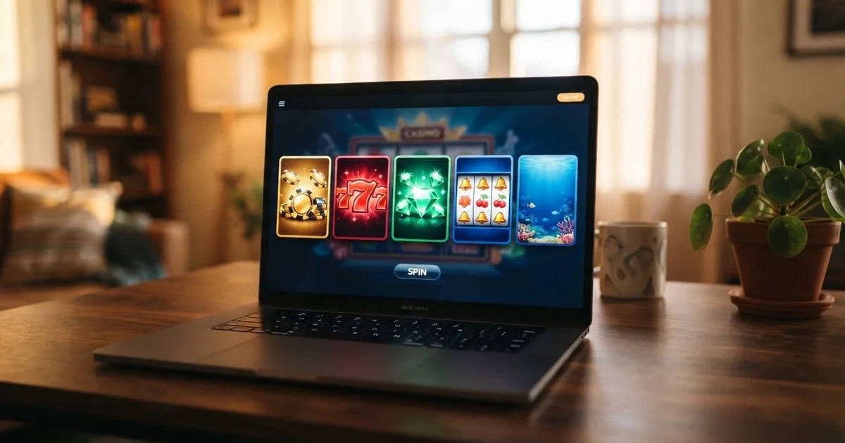 Reihe bunter Spielautomaten-Icons auf dem Startbildschirm einer Online-Plattform.