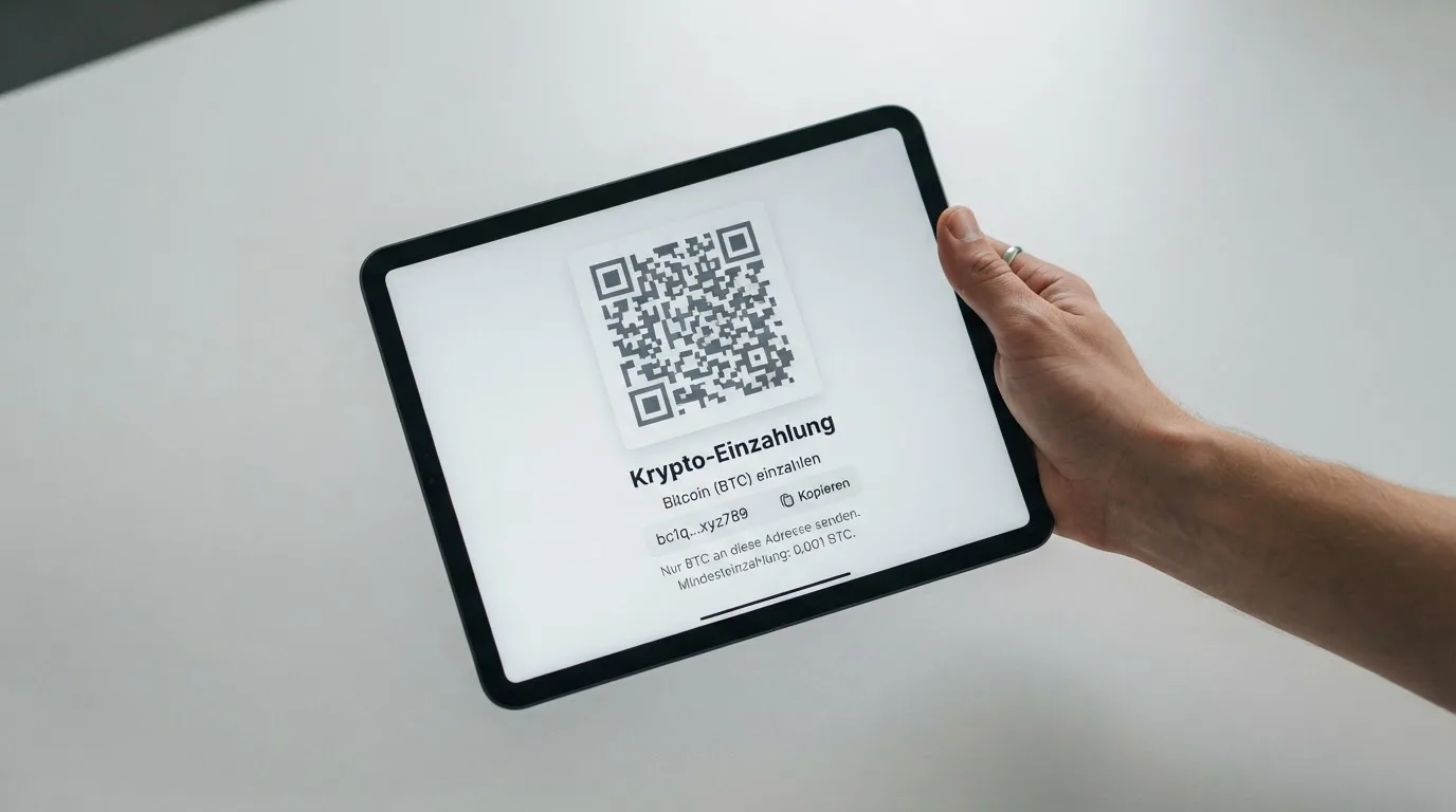 Nahaufnahme einer Hand, die auf einem Tablet einen QR-Code für eine Kryptowährungs-Einzahlung scannt.