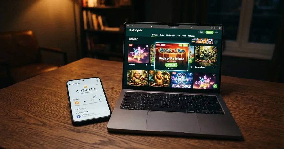 Smartphone-Bildschirm zeigt eine Kryptowährungs-Wallet mit einem BNB-Guthaben neben einem Laptop mit einer Casino-Weboberfläche.