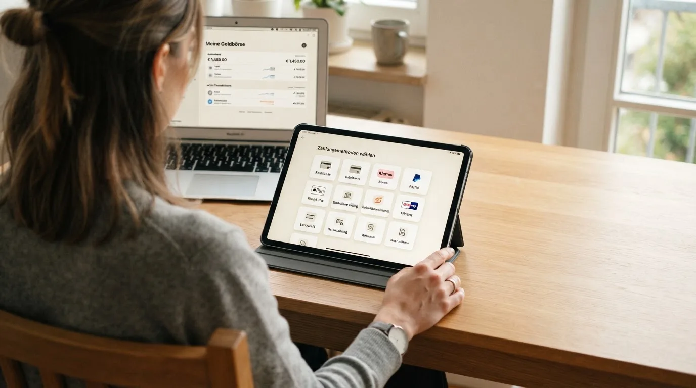Person zeigt auf einem Tablet eine Liste von Zahlungsmethoden, während im Hintergrund ein Laptop mit einer Wallet-App steht.