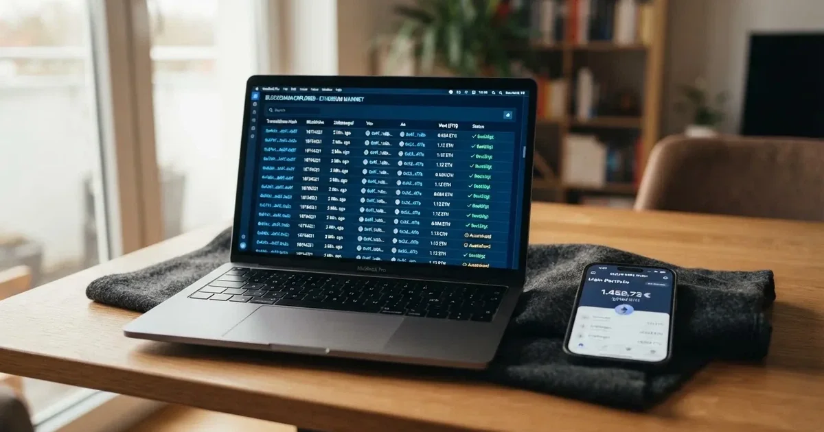 Nahaufnahme eines Laptop-Bildschirms mit einer Blockchain-Transaktionsliste neben einer digitalen Geldbörse auf einem Smartphone.