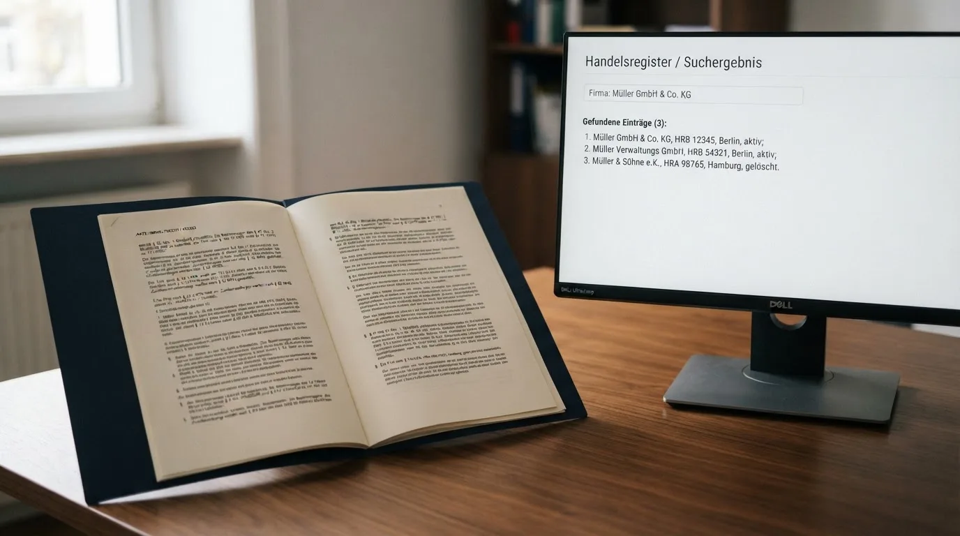 Nahaufnahme eines Aktenordners mit Paragraphenzeichen neben einem Computerbildschirm mit einer Behördenseite.